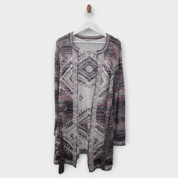 One World Cardigan Women's Medium Multicolor Boho Aztec Lightweight Midi Duster - Picture 3 of 6